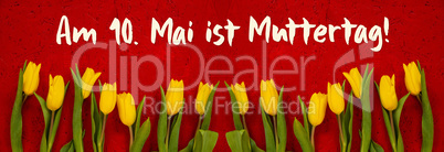 Baner Of Yellow Tulip Flowers, Red Background, Text Muttertag Means Mothers Day
