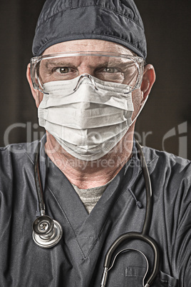 Male Doctor or Nurse Wearing Scrubs, Protective Face Mask and Go