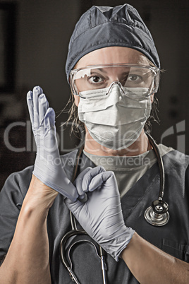 Female Doctor or Nurse Wearing Scrubs, Protective Face Mask and