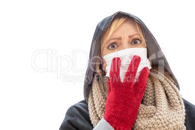 Young Woman Wearing Face Mask Walks Outside Isolated on White Ba