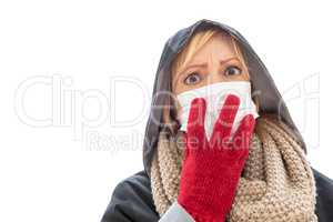 Young Woman Wearing Face Mask Walks Outside Isolated on White Ba