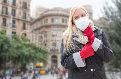 Young Woman Wearing Face Mask Walks Among The Public In Italy