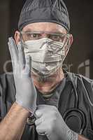 Male Doctor or Nurse Wearing Scrubs, Protective Face Mask and Go