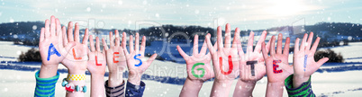 Children Hands Building Word Alles Gute Means Best Wishes, Snowy Winter Background