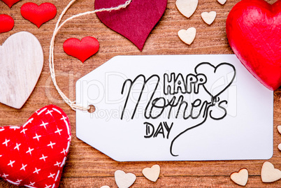Label With Calligraphy Happy Mothers Day. Flat Lay With Decoration Hearts