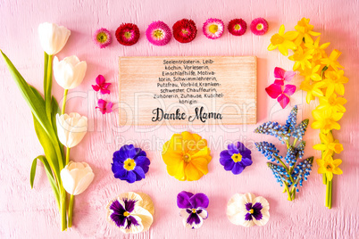 Spring Flat Lay, Flowers, Sign, Calligraphy Danke Mama Means Thanks Mom