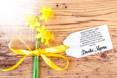Sunny Narcissus Flower, Label, Calligraphy Danke Mama Means Thanks Mom