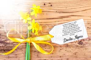 Sunny Narcissus Flower, Label, Calligraphy Danke Mama Means Thanks Mom