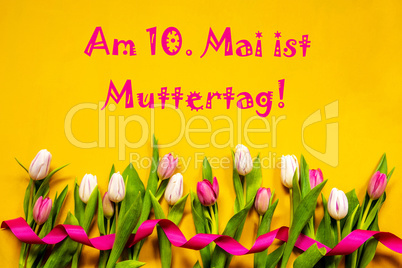 Colorful Tulip, Muttertag Means Mothers Day, Ribbon, Yellow Background