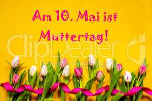 Colorful Tulip, Muttertag Means Mothers Day, Ribbon, Yellow Background