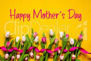 Colorful Tulip, Text Happy Mothers Day, Easter Egg, Yellow Background