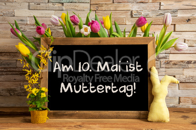 Tulip Flowers, Bunny, Brick Wall, Blackboard, Text Muttertag Means Mothers Day