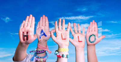 Children Hands Building Word Hallo Means Hello, Blue Sky