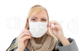 Young Adult Woman Wearing Face Mask Isolated on White Background