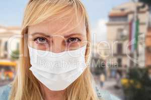 Sick Infected Young Woman Wearing Face Mask Walks on Street In I