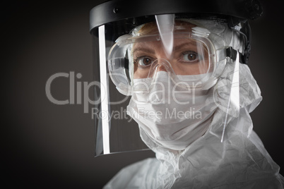 Female Medical Worker Wearing Protective Face Mask and Gear Agai