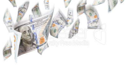 Several 100 Dollar Bills Falling From Above On White Background