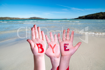 Children Hands Building Word Bye, Ocean Background