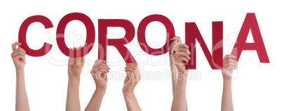 People Hands Holding Word Corona, Isolated Background