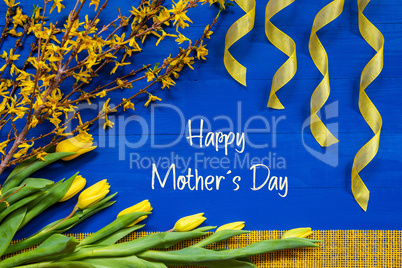 Spring Flowers Decoration, Branch, Ribbon, Text Happy Mothers Day