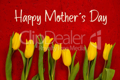 Yellow Tulip Flowers, Red Background, Text Happy Mothers Day