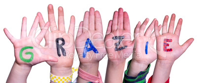 Children Hands Building Word Grazie Means Thank You, Isolated Background