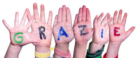 Children Hands Building Word Grazie Means Thank You, Isolated Background