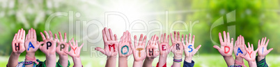 Children Hands Building Word Happy Mothers Day, Grass Meadow