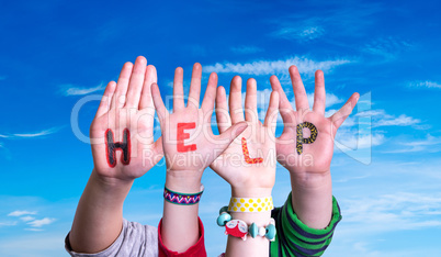 Children Hands Building Word Help, Blue Sky