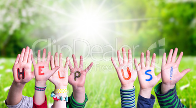 Children Hands Building Word Help Us, Grass Meadow