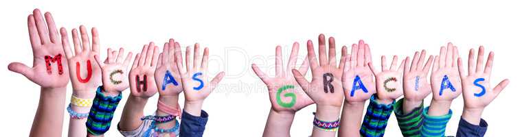 Children Hands Building Word Muchas Gracias Means Thank You, Isolated Background