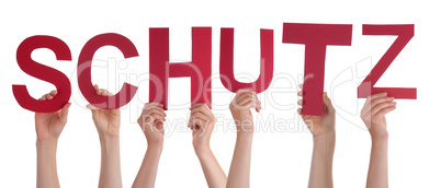 People Hands Holding Word Schutz Means Protection, Isolated Background