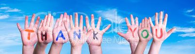 Many Children Hands Building Word Thank You, Blue Sky