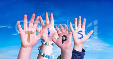 Children Hands Building Word Tips, Blue Sky