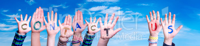 Children Hands Building Word Contact Us, Blue Sky