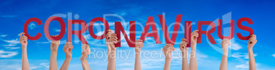 People Hands Holding Word Coronavirus, Blue Sky