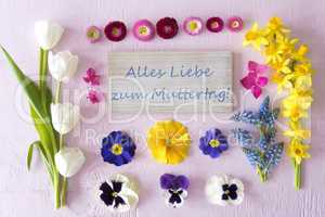 Flat Lay With Spring Flower Blossoms, Muttertag Means Happy Mothers Day