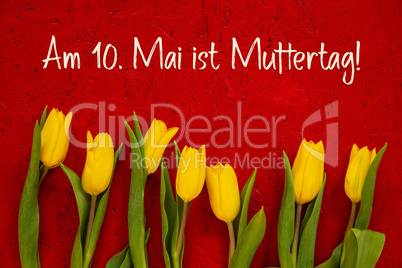 Yellow Tulip Flowers, Red Background, Text Muttertag Means Mothers Day