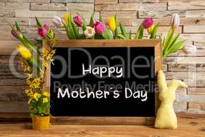 Tulip Flowers, Bunny, Brick Wall, Blackboard, Text Happy Mothers Day