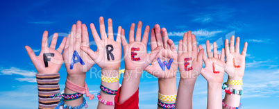 Children Hands Building Word Farewell, Blue Sky