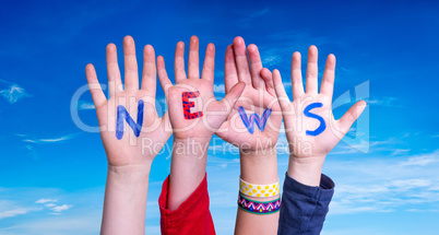 Children Hands Building Word News, Blue Sky