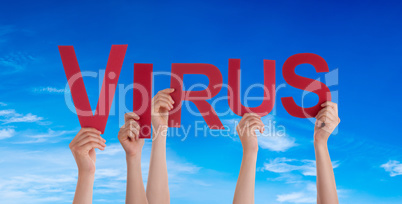 People Hands Holding Word Virus, Blue Sky