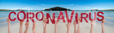 People Hands Holding Word Coronavirus, Ocean Background