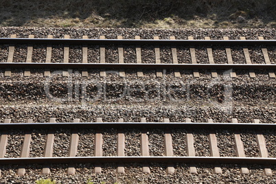 Railway rails and sleepers. Railway tracks shot from above