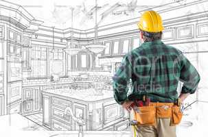 Contractor With Hard Hat and Tool Belt Facing Custom Kitchen Des