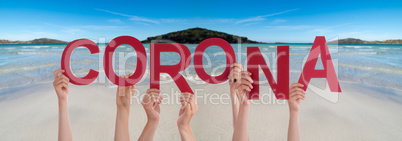 People Hands Holding Word Corona, Ocean Background