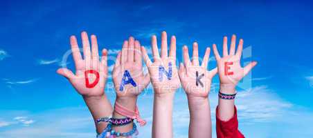 Children Hands Building Word Danke Means Thank You, Blue Sky