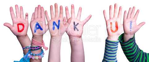 Children Hands Building Word Dank U Means Thank You, Isolated Background