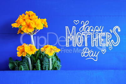 Yellow Spring Flowers, Calligraphy Happy Mothers Day, Blue Background