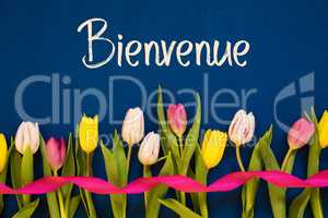 Colorful Tulip, Bienvenue Means Welcome, Ribbon, Blue Background